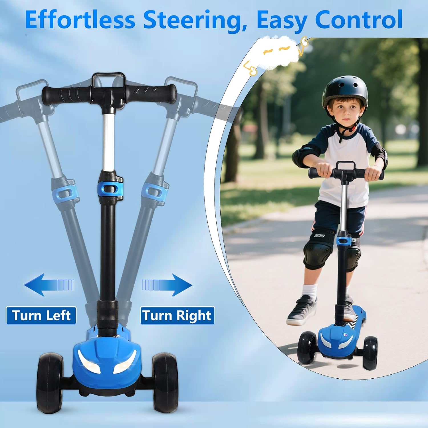 Electric Scooter for Kids Ages 3-12, Full Body Lights Up, Wide Deck, 3 Adjustable Heights, 5MPH Safe Speed, 90min Riding, Foldable 3 Wheel Electric Scooter for Kids Boys Girls Toddler