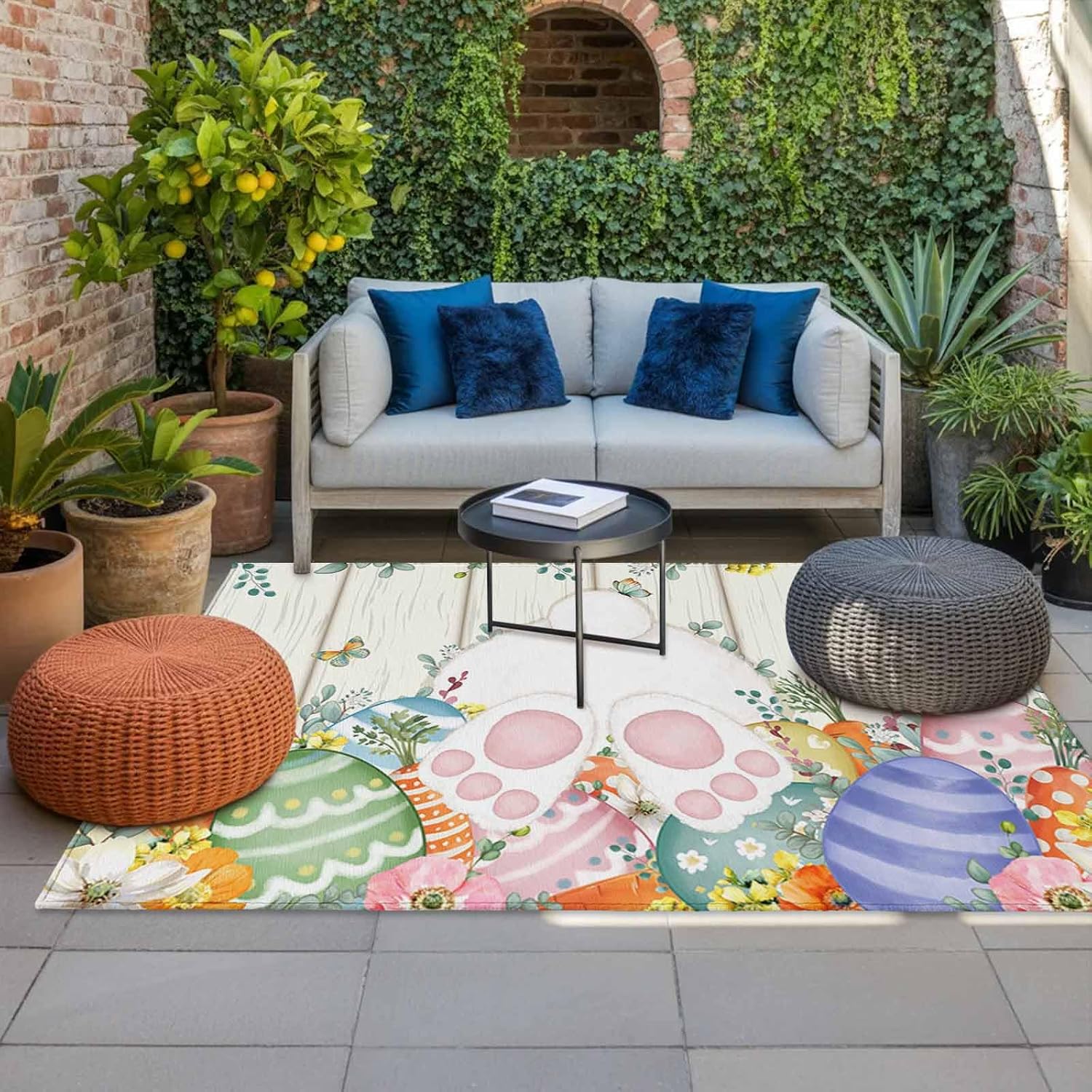 Easter Outdoor Rug for Patio/Deck/Porch, Non-Slip Large Area Rug 6 x 9 Ft, Spring Rabbit Ears Foot Colorful Eggs Leaf Floral Indoor Outdoor Rugs Washable Area Rugs, Camping Rug Carpet Runner