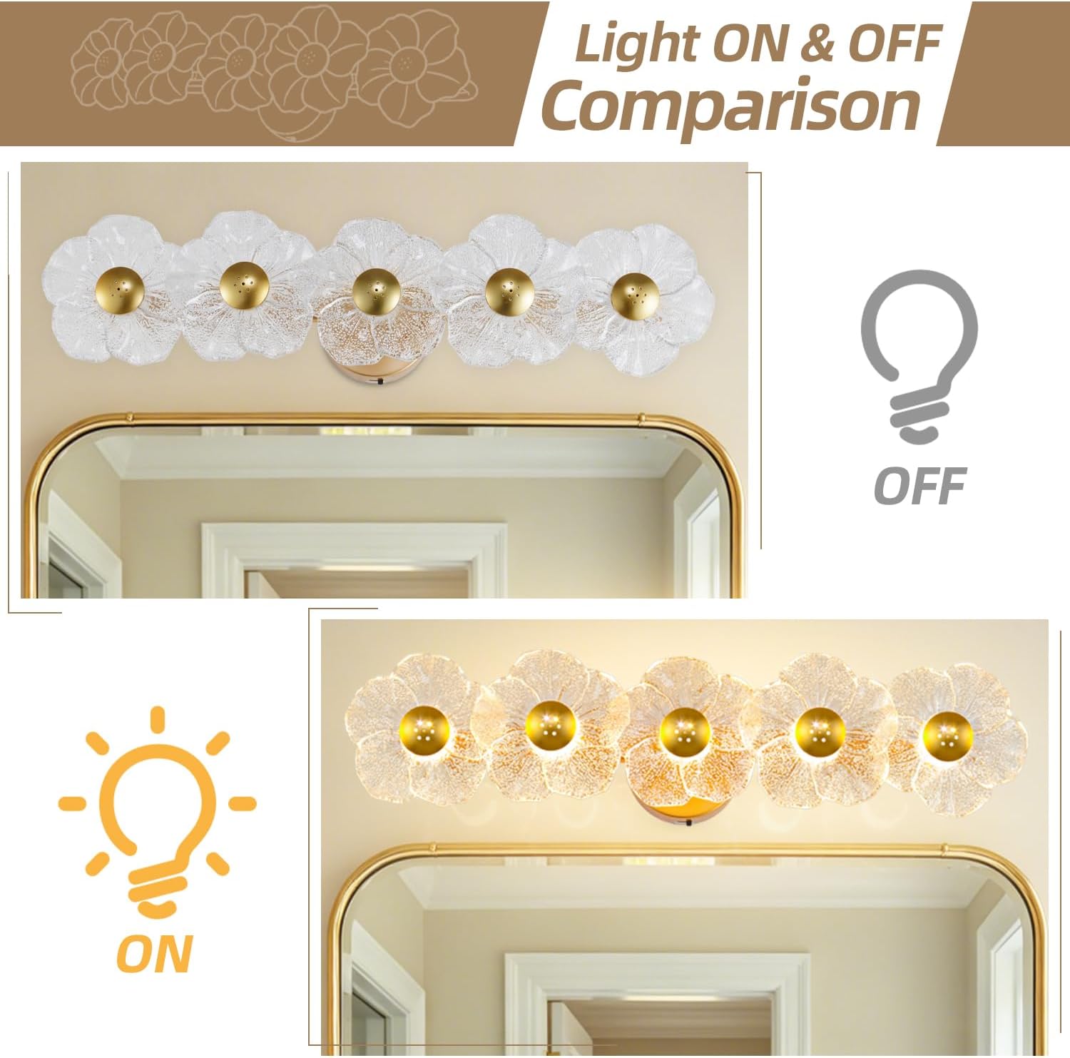 26.7' Gold Bathroom Light Fixtures 5 Light Floral Vanity Lights, 3-Color Dimmable Bathroom Vanity Light Elegant Led Wall Lights Cordless Wall Sconces for Decor,Bathroom,Livingroom