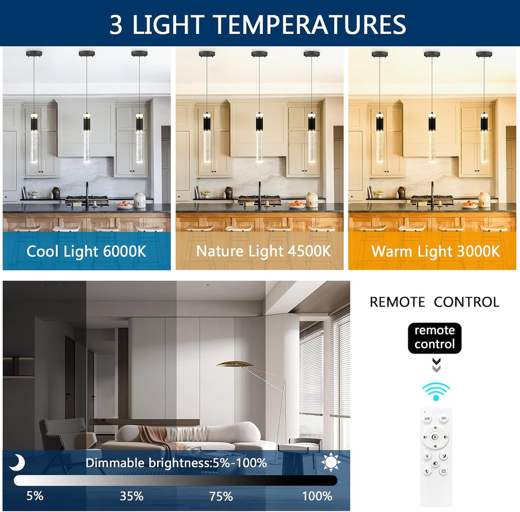 3-packs Pendant Lighting for Kitchen Island Mini Chandeliers Crystal Dining Room Hanging Lights LED Dimmable Drop Lights Ceiling Lighting Fixture Kitchen Sink Light Bathroom Bedroom 2700K 6000K