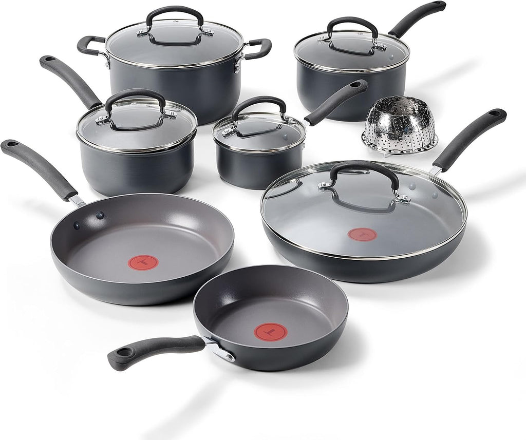 T-Fal Ultimate Hard Anodized Nonstick 13 Piece Cookware Set, Oven Safe Up to 400°F, Pots and Pans Set, Includes Frying Pans, Saucepan, Stockpot, Cooking Utensils, Stone