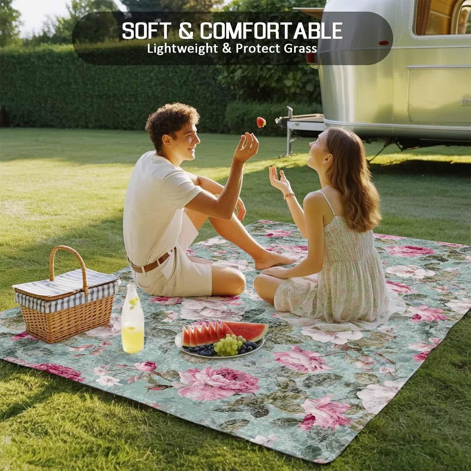 Vintage Spring Floral Outdoor Rug for Patio/Deck/Porch, Non-Slip Large Area Rug 6 x 9 Ft, Botanical Summer Pink Green Indoor Outdoor Rugs Washable Area Rugs, Reversible Camping Rug Carpet Runner