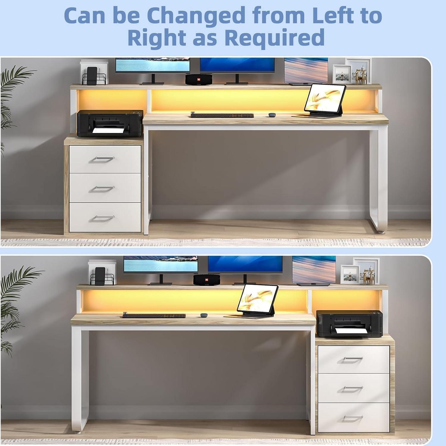 MaverickFurni 67' Home Office Desk with Drawers, Reversible Computer Desk with Moniter Stand and LED Lights, Long Desk with Printer Shelf, White and Walnut