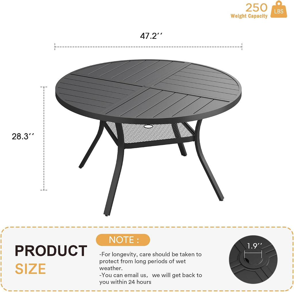 VICLLAX Round Patio Table with Adjustable Umbrella Hole for 6, All Weather 47.2' Metal Outdoor Dining Table for Lawn Garden, Black