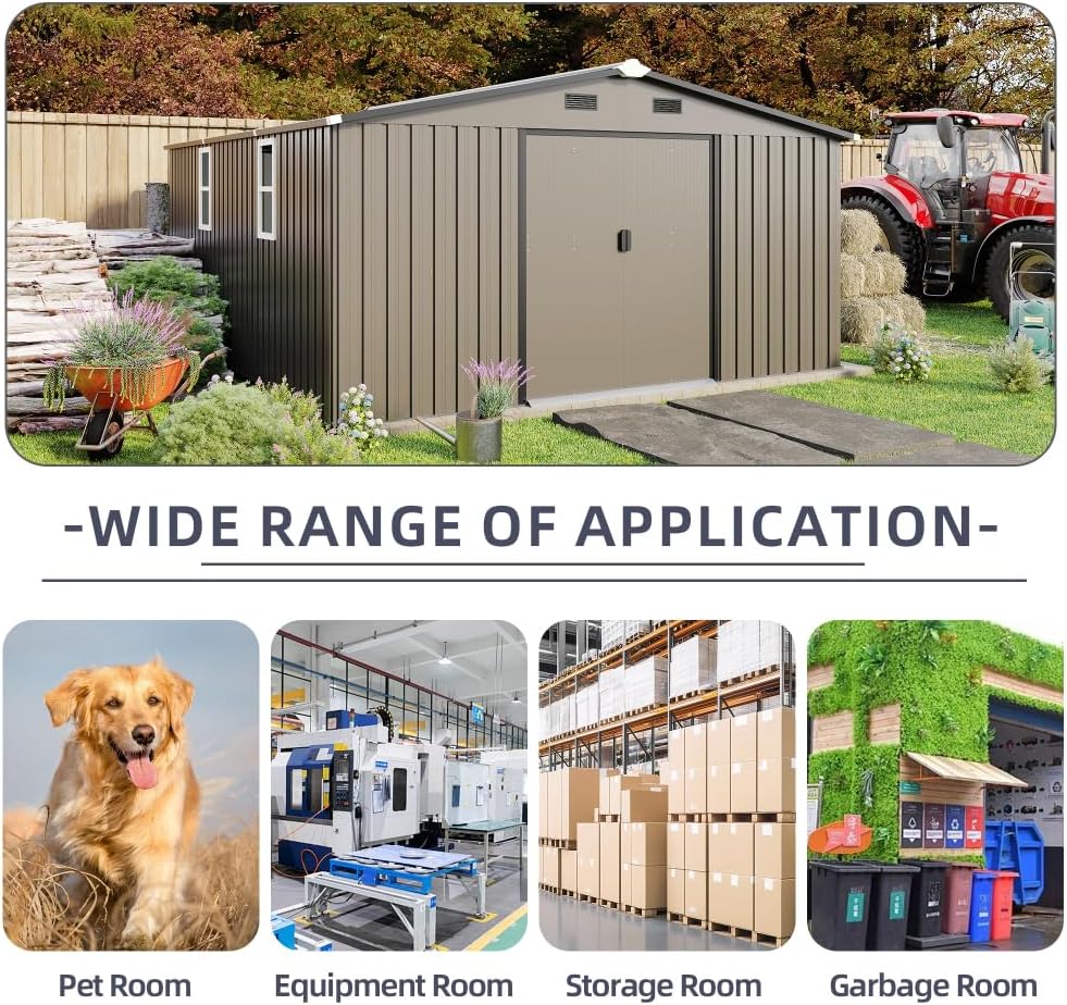 10x12 FT Outdoor Storage Shed with Floor Included and Two Daylight Windows, Large Metal Garden Shed for Backyard Organization (Brown)