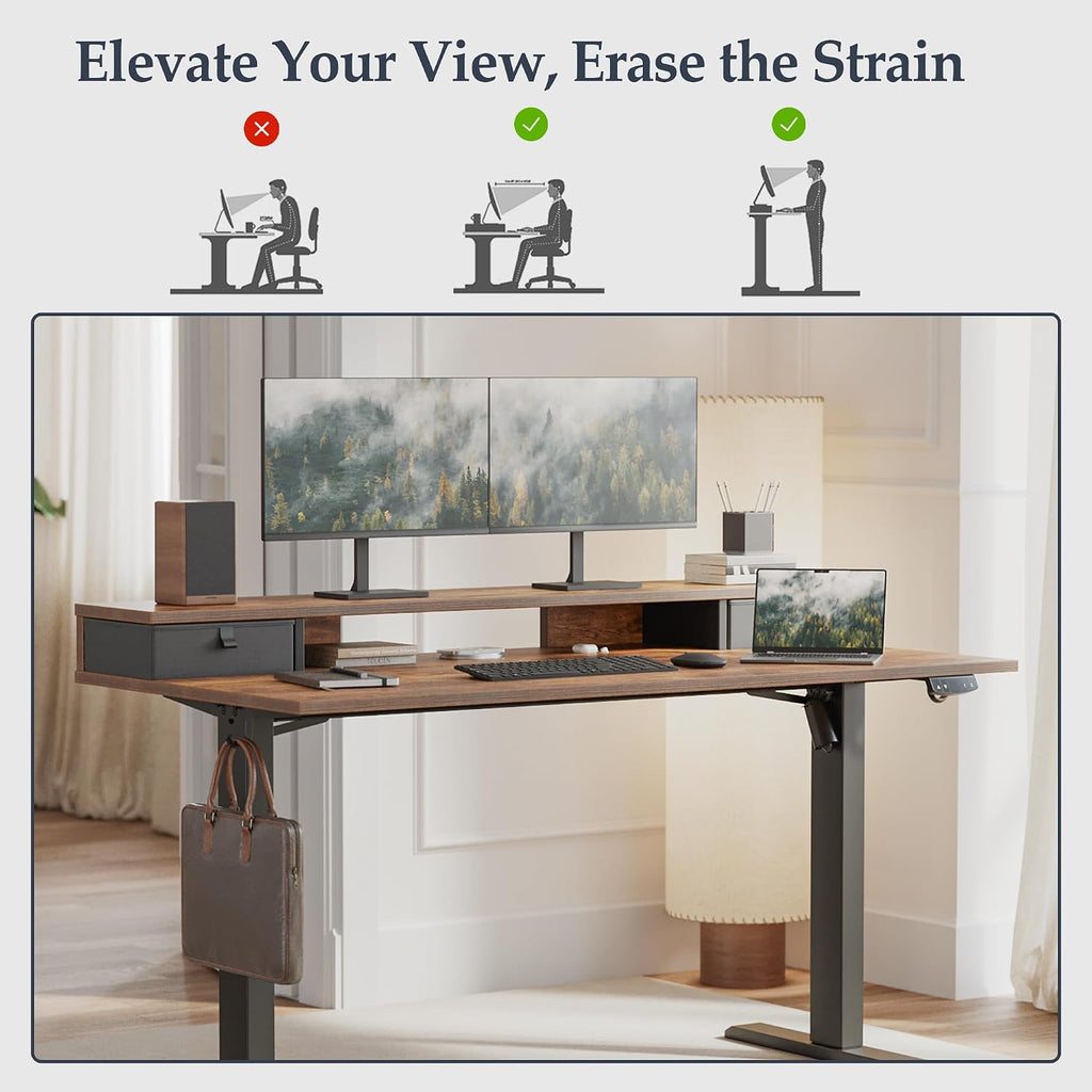 Klicelor 48 x23 Inch Electric Standing Desk with Drawers, Adjustable Height Small Sit Stand Desk for Home Office, Compact Computer Workstation with Storage– Rustic Brown