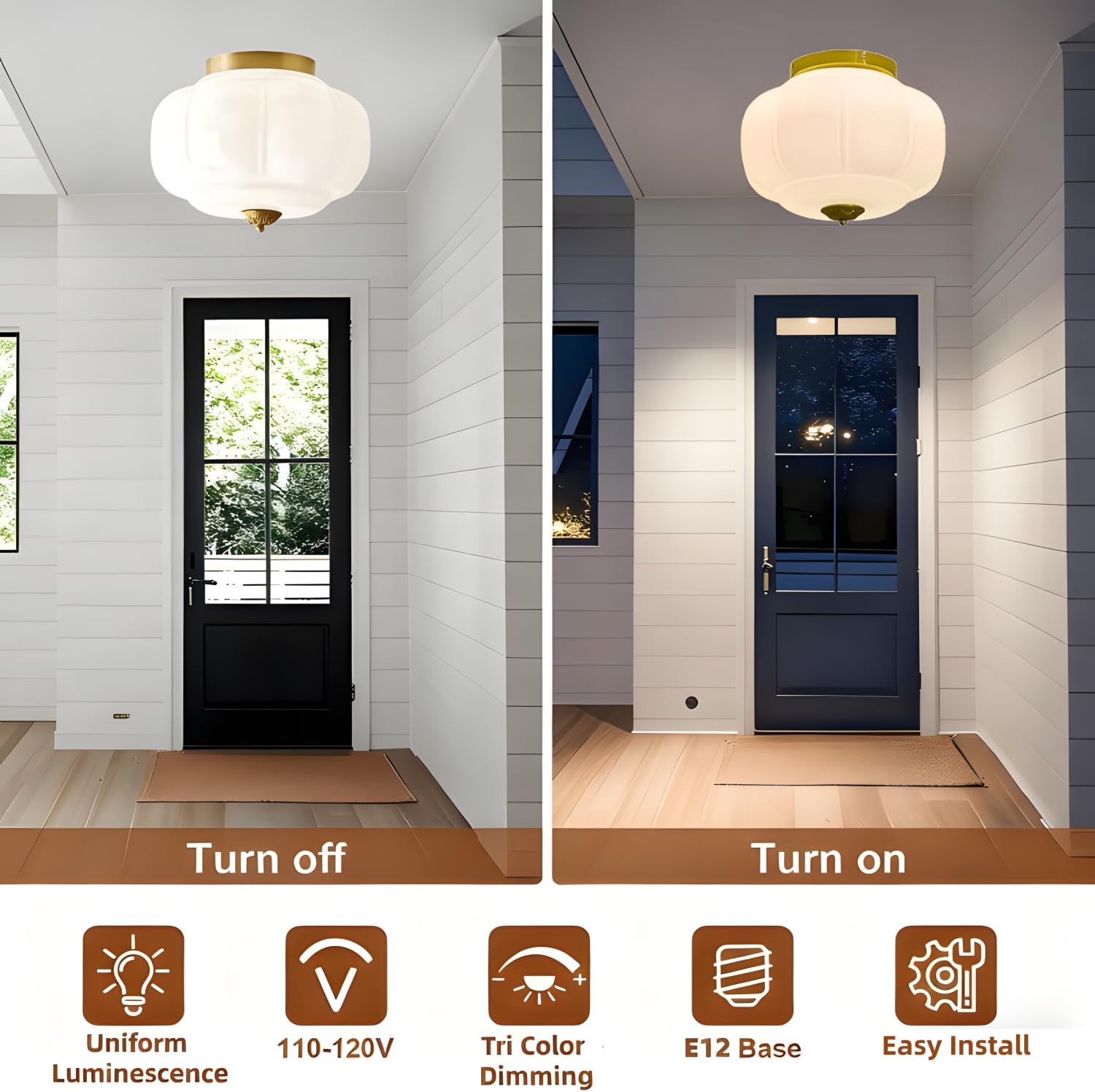 Bofea-Modern Semi Flush Mount Ceiling Light,Brass Gold Ceiling Light with Milk Glass Shade,Farmhouse Kitchen Lighting Fixtures Ceiling, LED Lights for Bedroom Schoolhouse Laundry Room