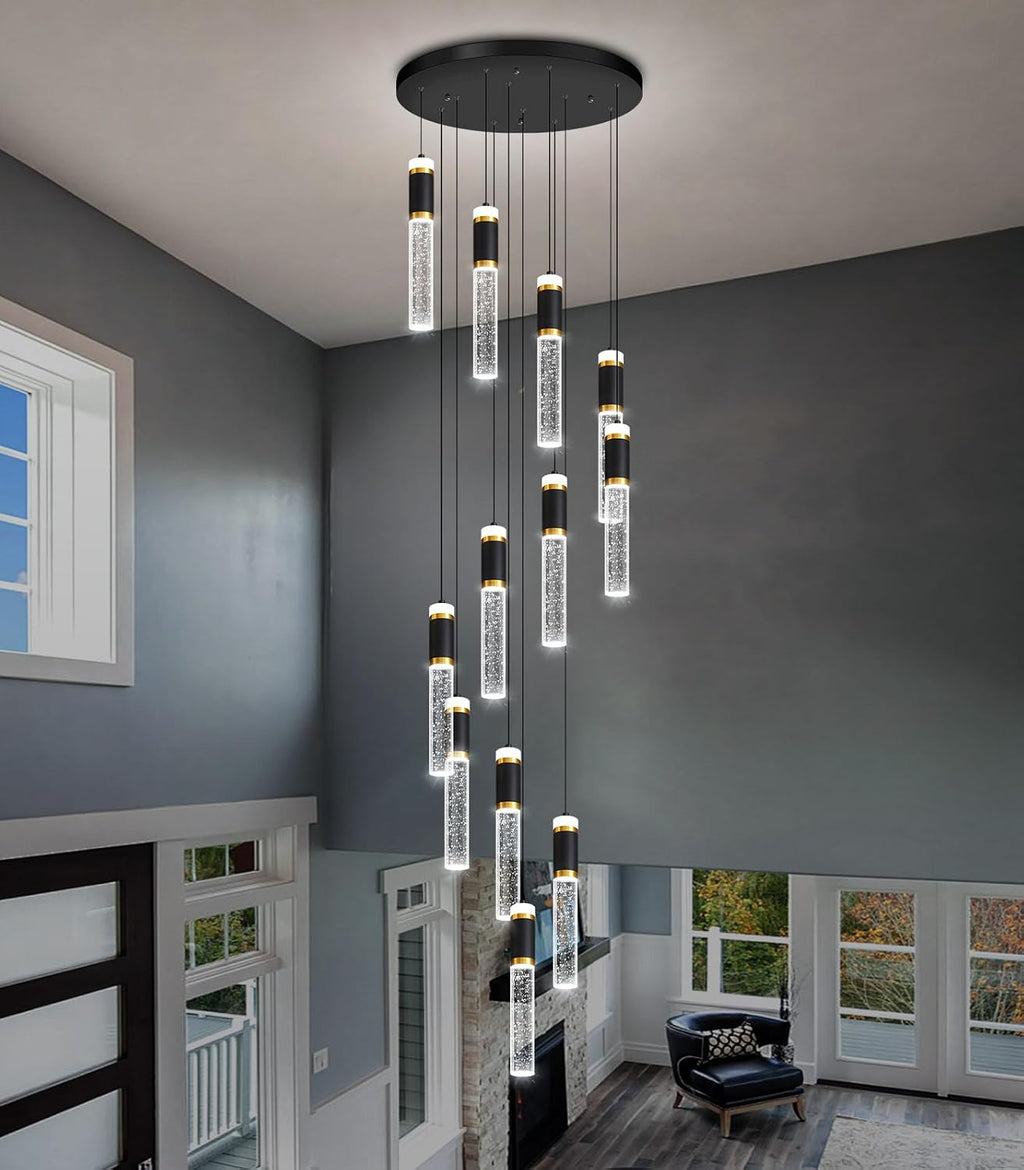 12-Lights Modern Crystal Chandelier for Staircase High Ceiling Chandeliers Large Spiral Bubble Pendant Lighting Hanging Light Fixture Flush Mount for Foyer Entryway