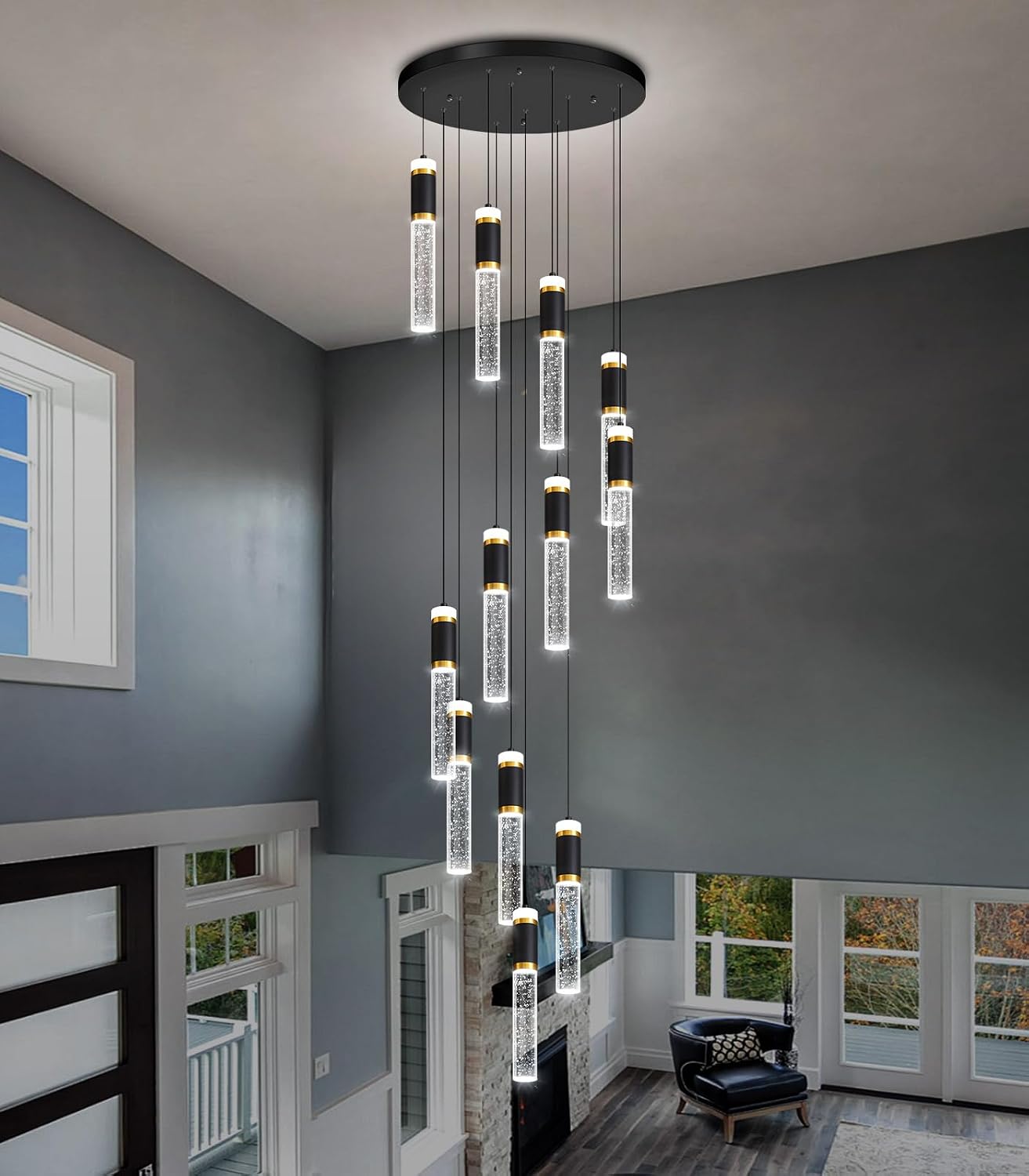 12-Lights Modern Crystal Chandelier for Staircase High Ceiling Chandeliers Large Spiral Bubble Pendant Lighting Hanging Light Fixture Flush Mount for Foyer Entryway