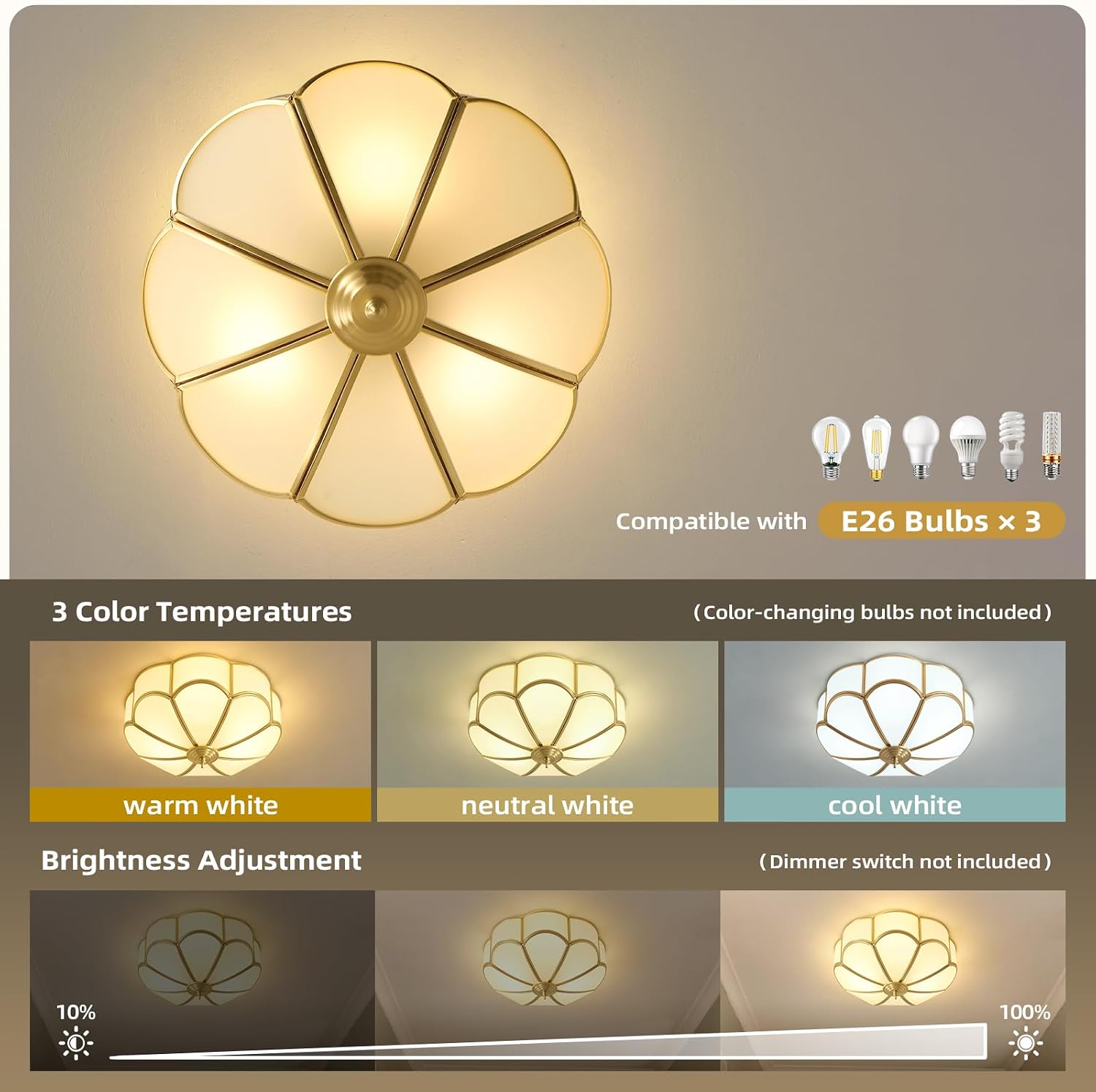 Gold Vintage Brass Ceiling Light - Small 11.8 Inch Milk Glass Mid Century Flush Mount Lighting Fixtures - Art Deco Antique Modern Lamp for Hallway Bedroom Kitchen Entryway Laundry Foyer Bathroom Hall