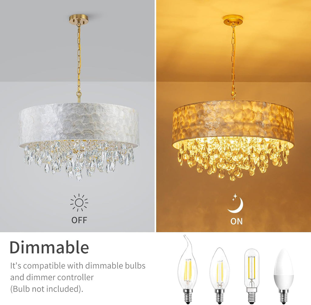 LumFurn 8-Light Drum Capiz Shell Crystal Chandeliers, Coastal Style Pendant Light Fixture for Dining Room, Living Room, D24 x H23~71 inch(Adjustable), Shell Lampshade & Gold Finish
