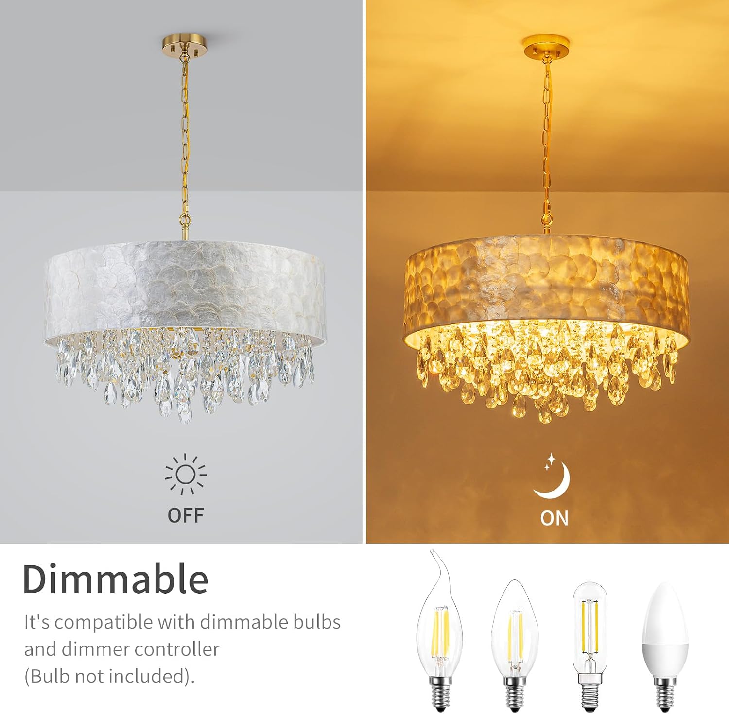 LumFurn 8-Light Drum Capiz Shell Crystal Chandeliers, Coastal Style Pendant Light Fixture for Dining Room, Living Room, D24 x H23~71 inch(Adjustable), Shell Lampshade & Gold Finish