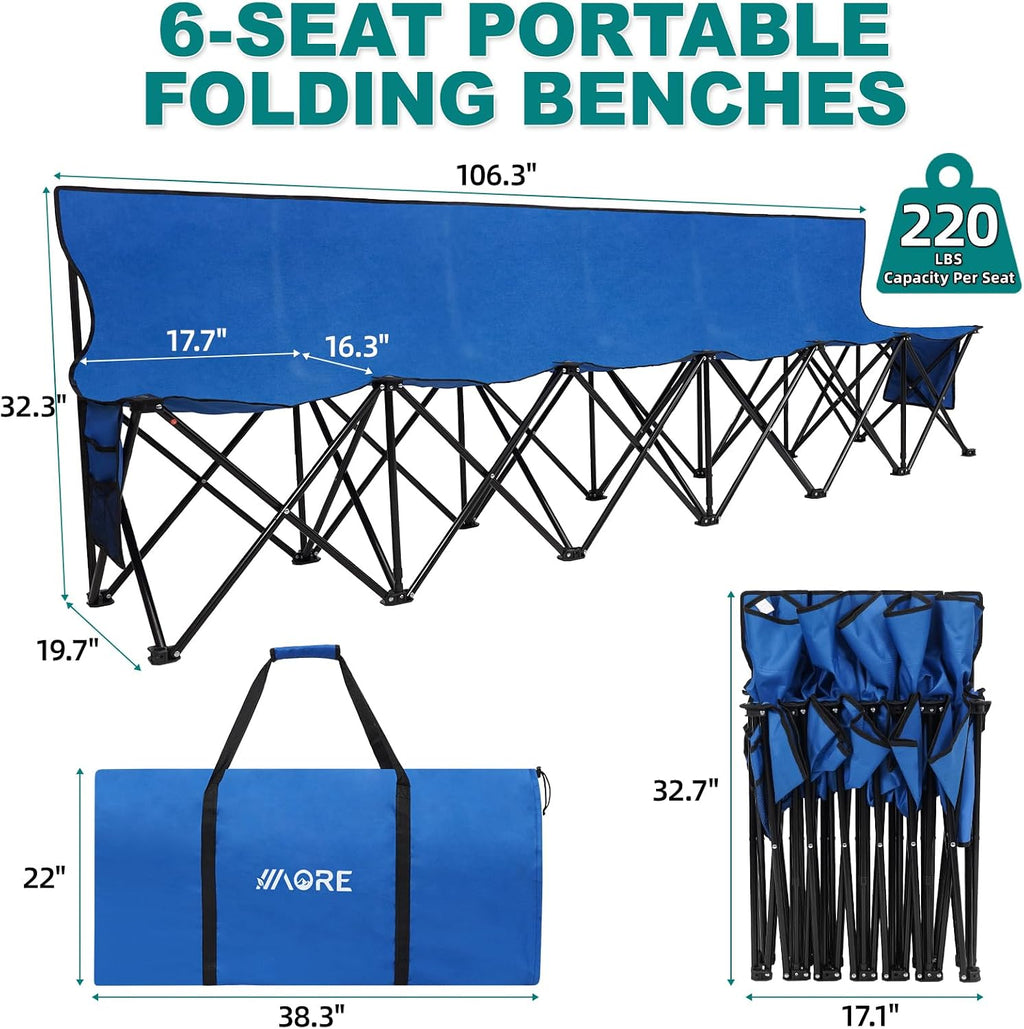 1MORE Portable Folding Bench, Foldable Sideline Bench for Team, 6 Seats Outdoor Camping Chair with Carry Bag & Backrest, Team Sport Sideline Bench for Football,Soccer, Fishing. Blue