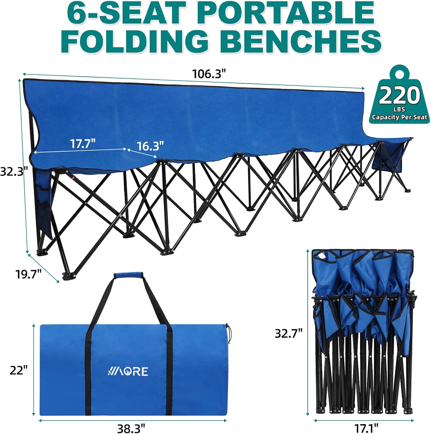 1MORE Portable Folding Bench, Foldable Sideline Bench for Team, 6 Seats Outdoor Camping Chair with Carry Bag & Backrest, Team Sport Sideline Bench for Football,Soccer, Fishing. Blue