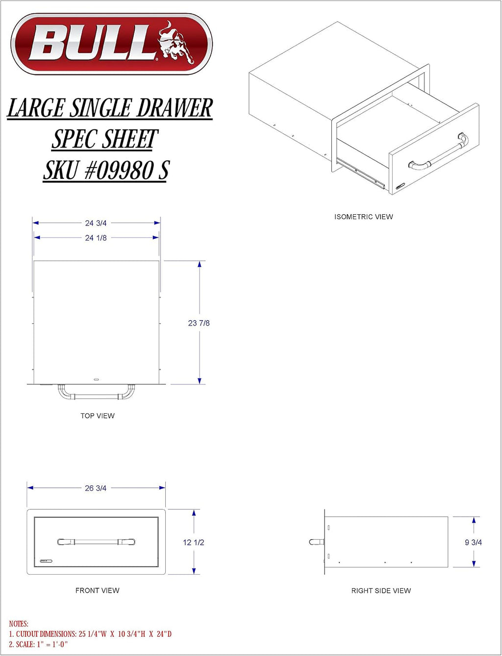Bull Outdoor Products 09980 Large Stainless Steel Outdoor Kitchen Single Drawer – 304 Commercial Grade, Fits Under Power Burner, Rust Resistant, Heavy Duty Storage, No Assembly Required