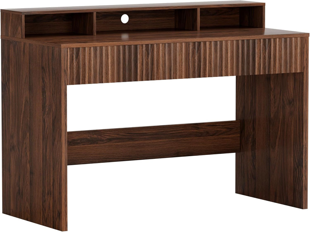 47' Executive Desk with Fluted Drawer, Modern Home Office Desk with Long Monitor Stand and 2 Drawers, Computer Writing Desk for Study Office Vanity, Brown