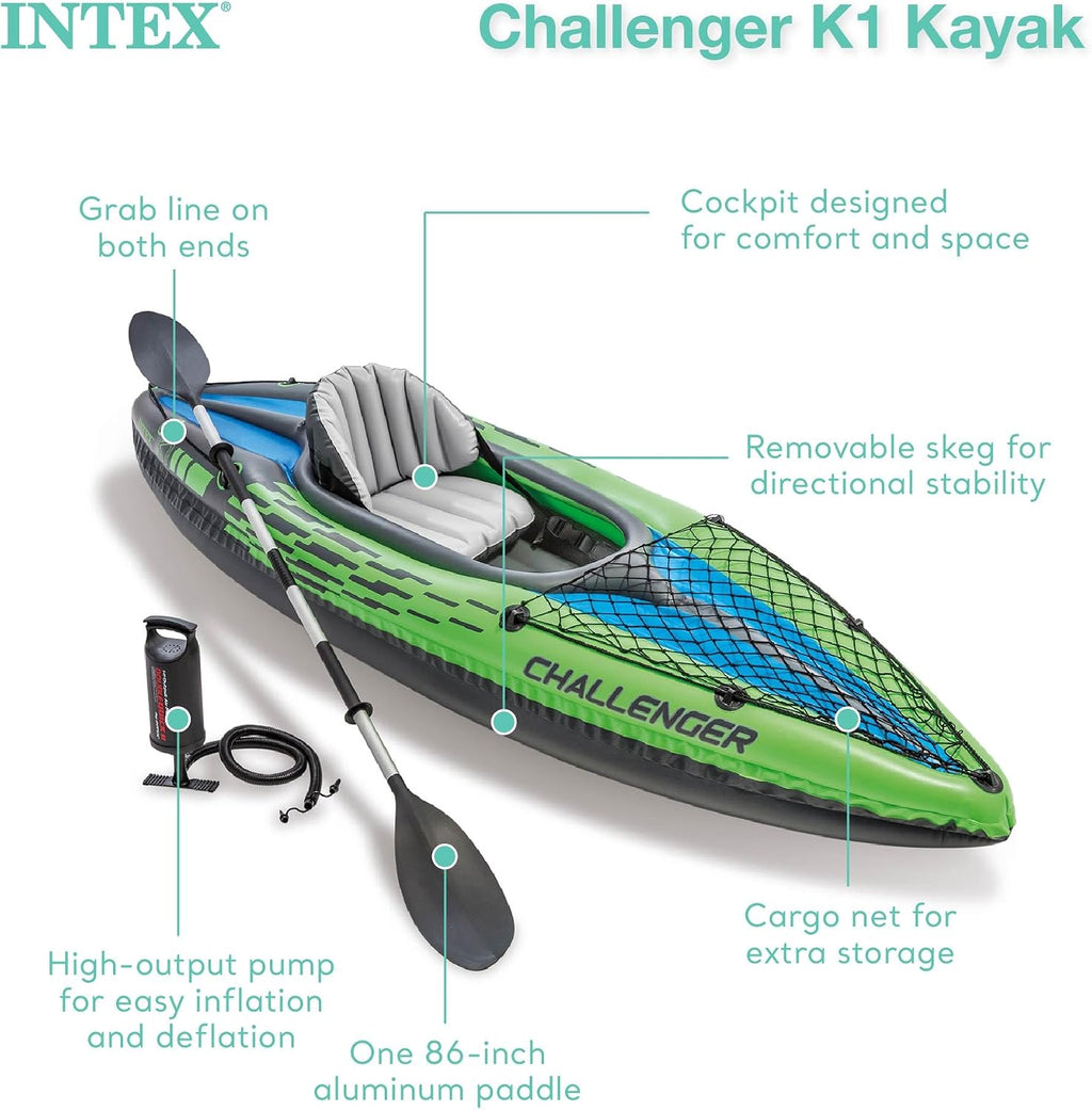 Intex Challenger K1 1 Person Durable Vinyl Streamline Sporty Kayak with Inflatable Seat and Backrest, Oar, Pump, Carrying Bag, and Repair Kit (2 Pack)