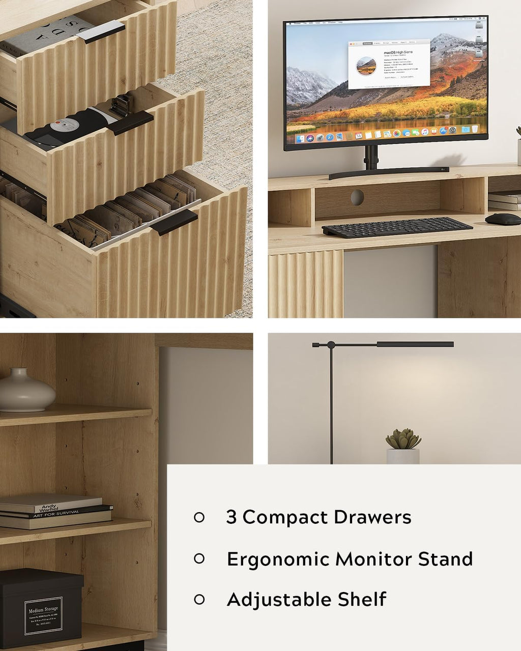 55'' Fluted Executive Desk with Drawers, Modern Home Office Computer Desk with Charging Station, File Drawer, Monitor Stand, Storage Shelf for Work Writing Study, Light Oak