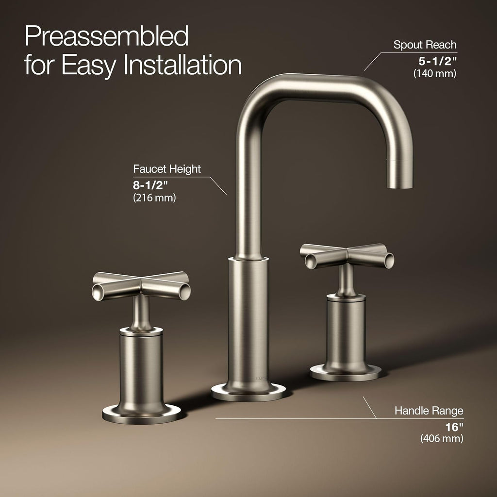 KOHLER K-14406-3-BN Purist® Widespread Bathroom Sink Faucet, Bathroom Faucets, 3-Hole with Low Cross Handles, 1.2 GPM, Vibrant Brushed Nickel