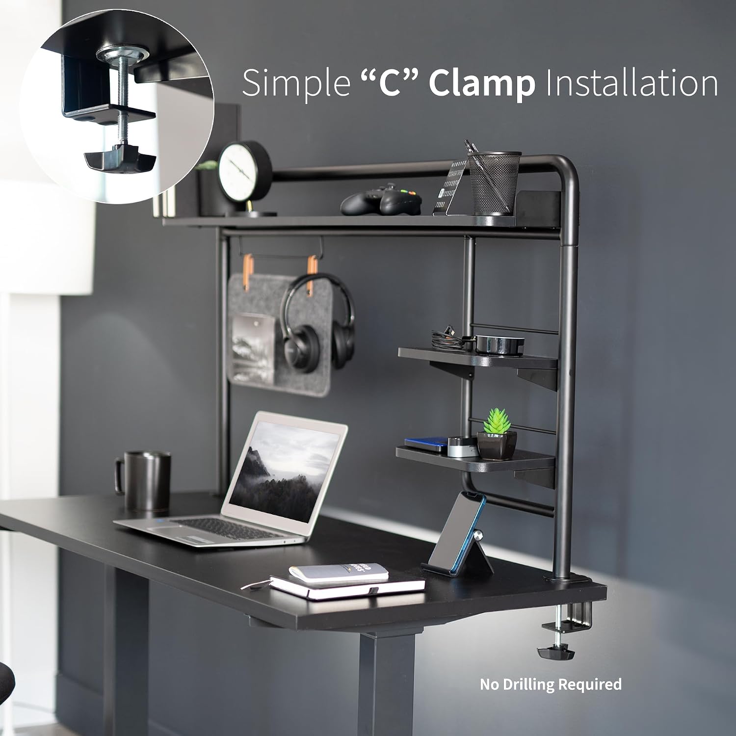 VIVO Clamp-on 50 inch Desktop Shelving System for Sit Stand Workstation, Raised Accessory Storage Shelves and Magnetic Memo Board Desk Organizer, Black, DESK-SHELF55A