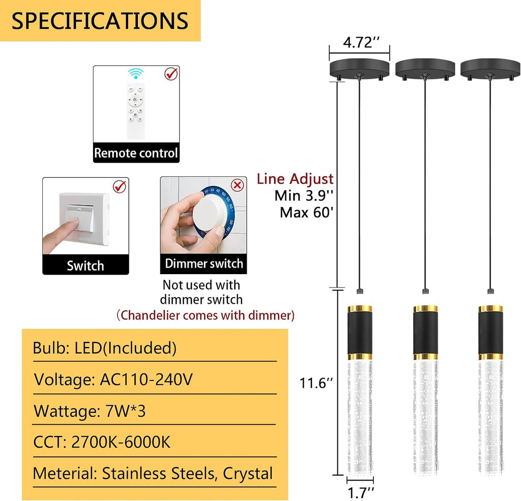 3-packs Pendant Lighting for Kitchen Island Mini Chandeliers Crystal Dining Room Hanging Lights LED Dimmable Drop Lights Ceiling Lighting Fixture Kitchen Sink Light Bathroom Bedroom 2700K 6000K