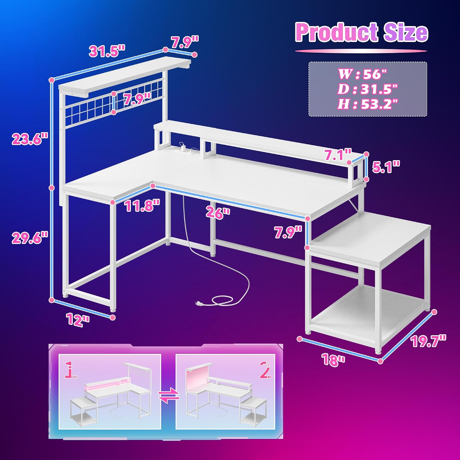 EEnHomee 56' Medium L Shaped Gaming Desk with LED & Power Outlets,Computer Desk with Monitor Stand & Print Stand for Home Office,Reversible Corner Gaming Table with Storage Shelf & Hooks,White