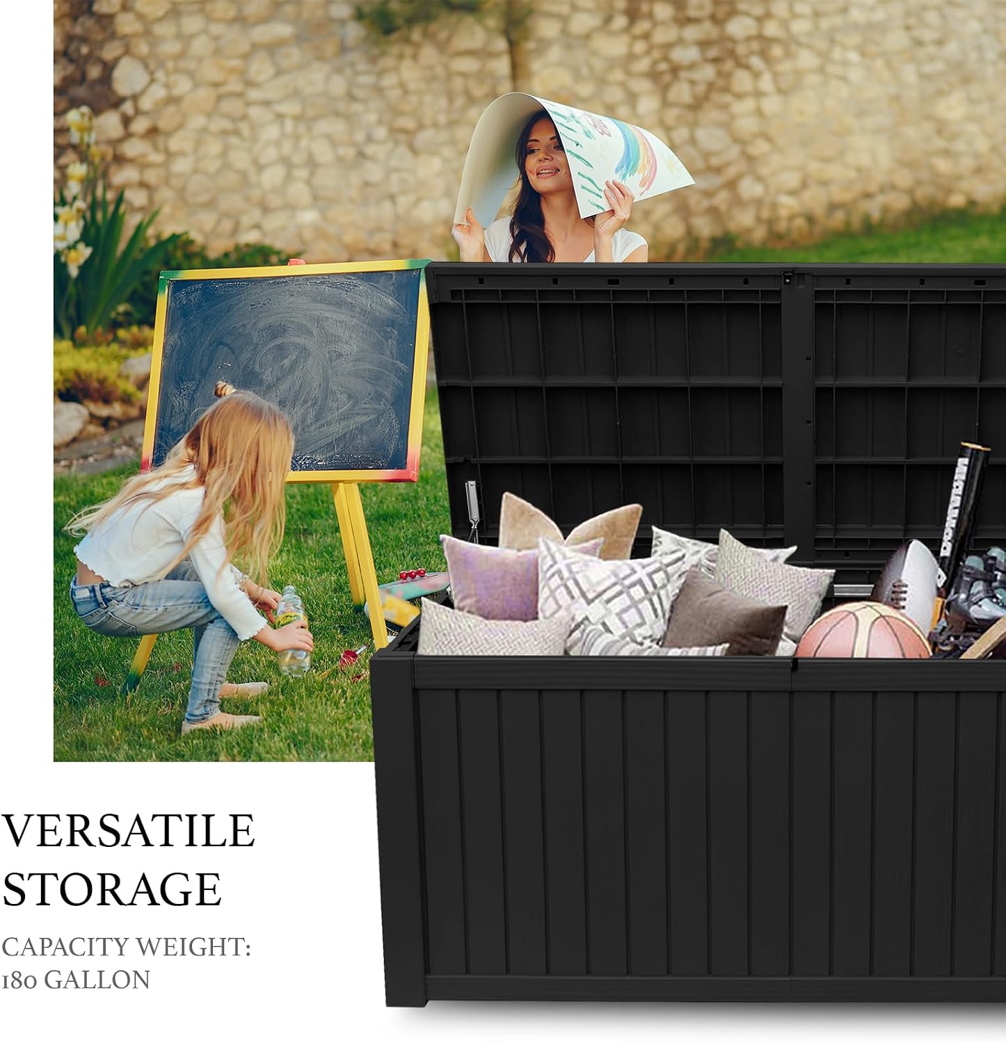 AJP Distributors Outdoor Storage Shed, Large Resin Storage Box, Waterproof and lockable, suitable for garden, patio, garage, backyard storage (Blcak, 180gal)
