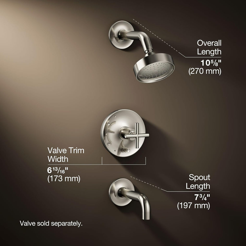 KOHLER K-T14421-3-SN Purist Rite-Temp Pressure-Balancing Bath and Shower Faucet Trim with Push-Button Diverter, 7-3/4' Spout and Cross Handle, Valve Not Included, Vibrant Polished Nickel