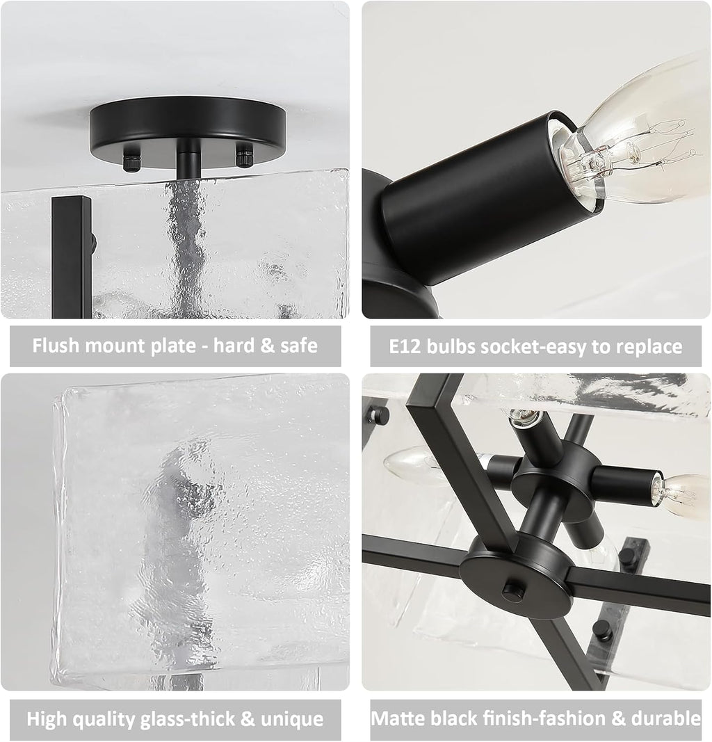 Black Semi Flush Mount Ceiling Light 4-Light Glass Light Fixtures Ceiling Mount,14.96' Modern Farmhouse Light Fixture for Foyer, Hallway, Entryway, Dining Room, Kitchen, Bedroom, Porch