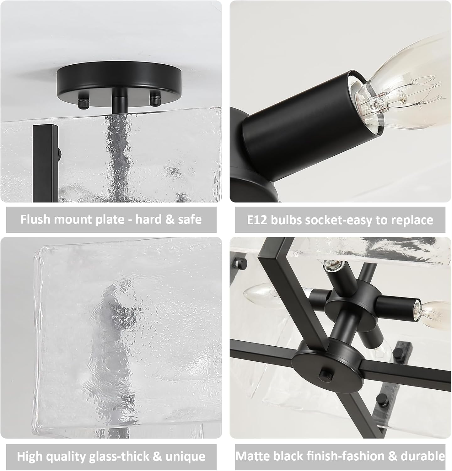 Black Semi Flush Mount Ceiling Light 4-Light Glass Light Fixtures Ceiling Mount,14.96' Modern Farmhouse Light Fixture for Foyer, Hallway, Entryway, Dining Room, Kitchen, Bedroom, Porch