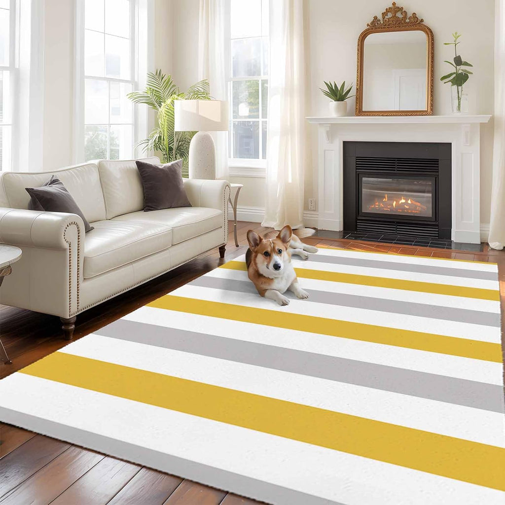 Washable Area Rug 8x10, Orange Grey Striped Large Soft Carpet Runner Rugs for Living Room, Geometric Vertical Stripes White Area Rugs for Bedroom Dining Room Reversible Non-Slip Under Table Rug