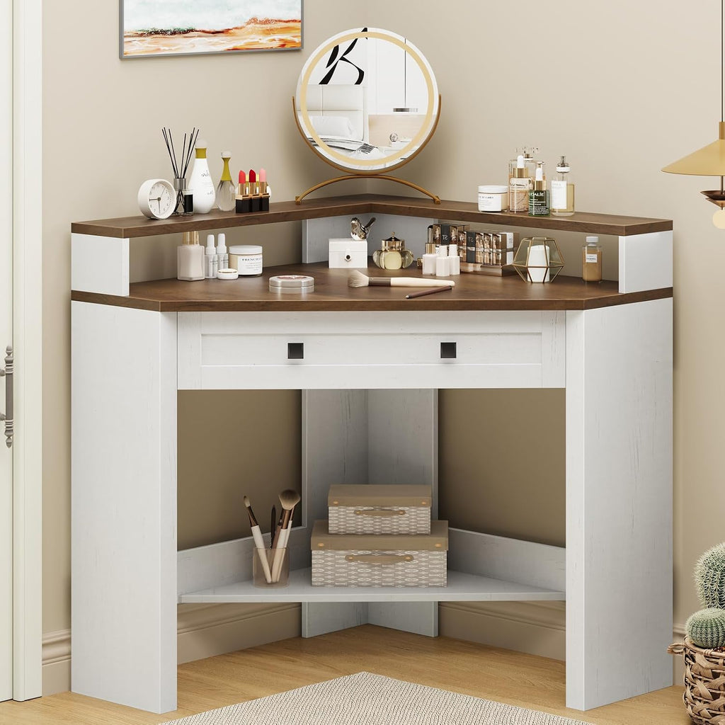 Corner Desk, Triangle Computer Desk Home Office Workstation with Drawer and Monitor Stand for Small Spaces Farmhouse Corner Vanity Table for Bedroom Study, Living Room (Rustic White and Brown)