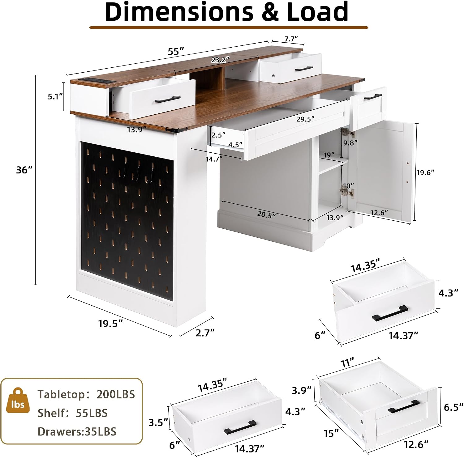 55' Farmhouse Office Desk with Storage Cabinet & Drawers, Computer Writing Desk with Power Outlet, Monitor Stand & Pegboard, Built-in Shelves and Keyboard Tray for Study, Home Office (White-01)