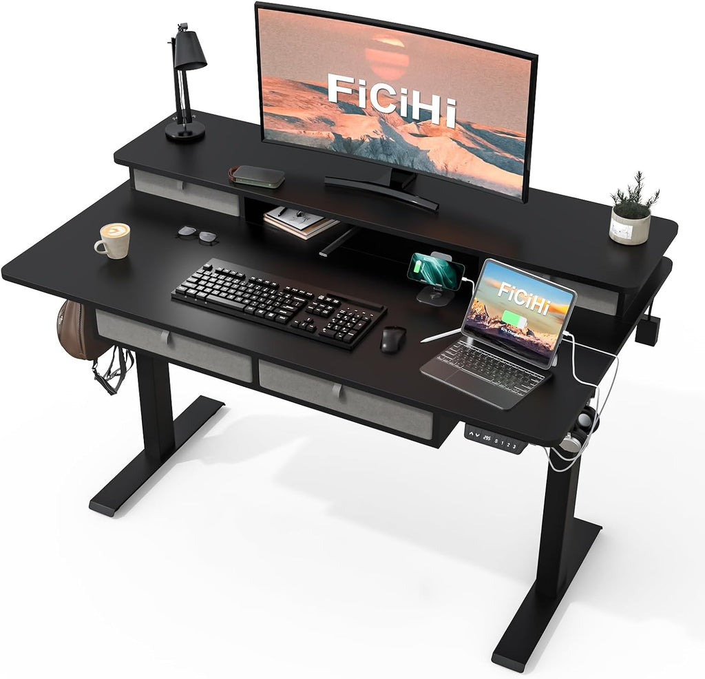 FiCiHi Adjustable Height Standing Desk with 4 Drawers,48 x 30 inches Electric Sit Stand Home Office Desk with Two Tiers, 3 Memory Presets, Monitor Stand Riser, USB A/C Charging Port