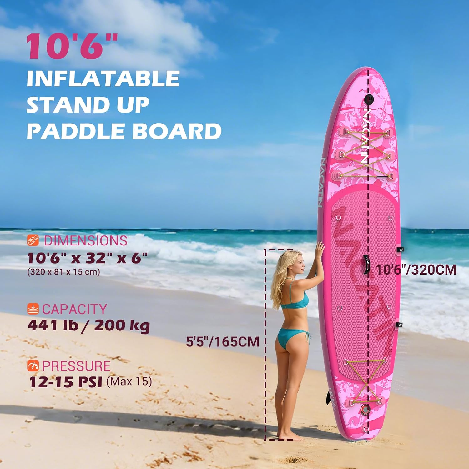 NACATIN Inflatable Stand Up Paddle Board,10'6'Upgrade Version Blow Up Paddle Boards for Adults with Premium SUP Accessories& Backpack,Adjustable Paddle,Camera Mount,Hand Pump, for Lake, River, Yoga