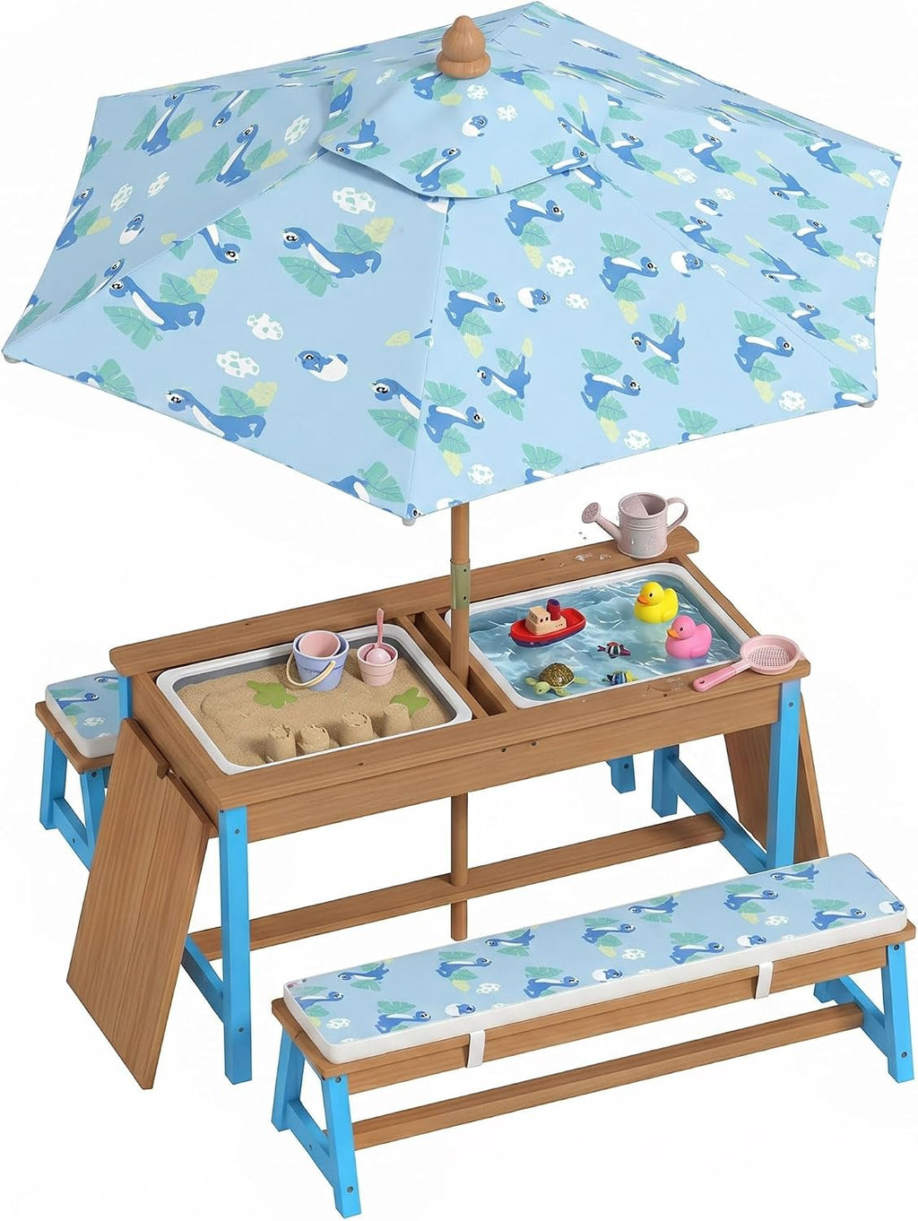 Qaba Kids Picnic Table, Wooden Table and Bench Set with Foldable Umbrella, Removable Cushions & Boxes, Dinosaur Theme Children Activity Table Outdoor Furniture for Patio, Blue
