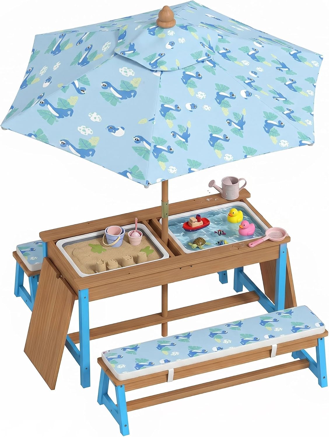 Qaba Kids Picnic Table, Wooden Table and Bench Set with Foldable Umbrella, Removable Cushions & Boxes, Dinosaur Theme Children Activity Table Outdoor Furniture for Patio, Blue