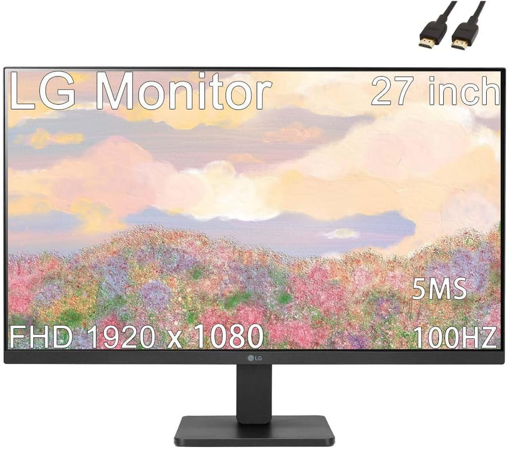 LG 27 inch Monitor, FHD IPS Display, 100Hz, 5ms, AMD FreeSync Premium, 3-Side Virtually Borderless Design, HDMI, Black, with HDMI Cable