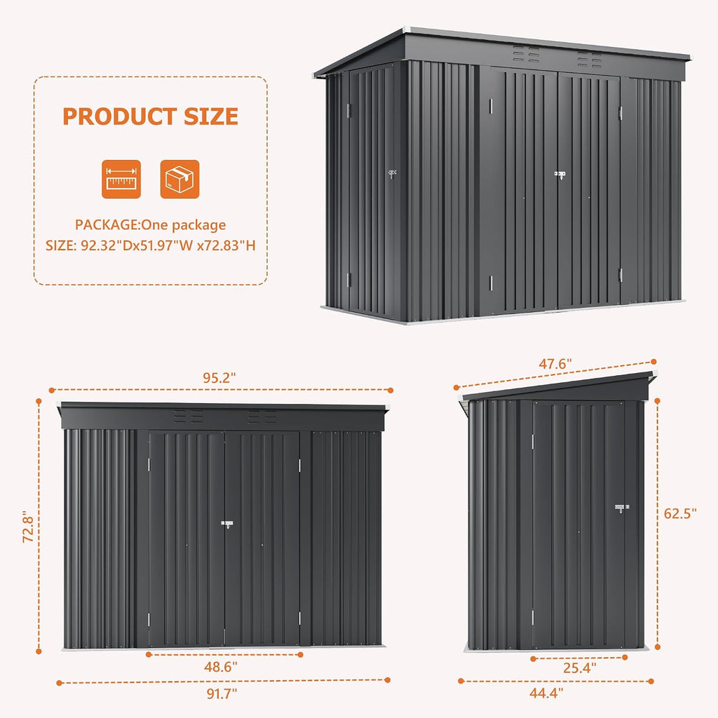 JUMMICO 8x4 FT Outdoor Storage Shed, Heavy Duty Tool Metal Sheds with 3 Lockable Doors and Updated Frame Structure for Backyard Patio Lawn, Black