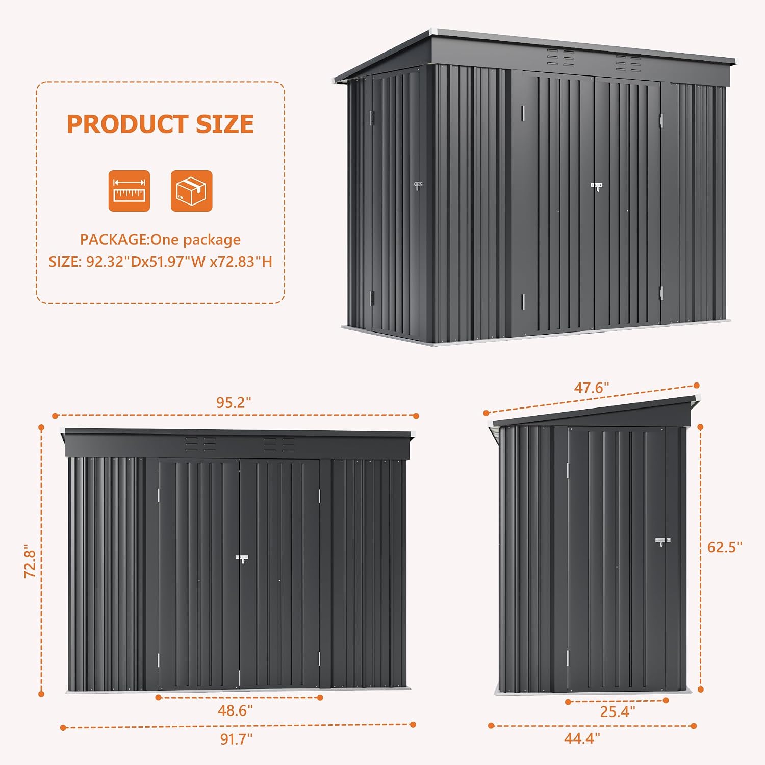 JUMMICO 8x4 FT Outdoor Storage Shed, Heavy Duty Tool Metal Sheds with 3 Lockable Doors and Updated Frame Structure for Backyard Patio Lawn, Black