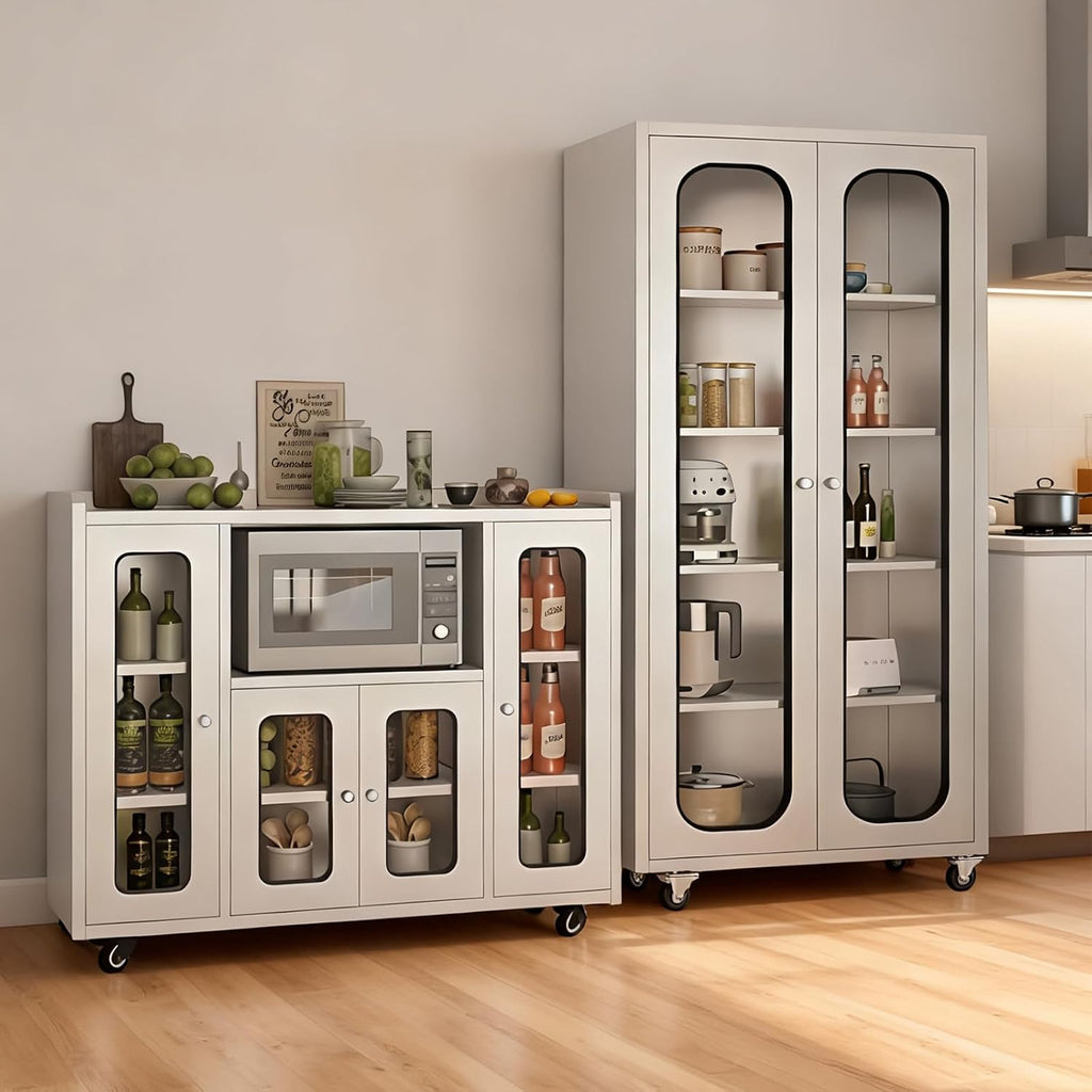 ZZV 68' Tall Stainless Steel Storage Cabinet with Wheels, Fully Assembled 5-Tier Kitchen Pantry Cabinet with Glass Doors for Garage, Utility Room, Laundry Room, Restaurant, Cafe, and Outdoor