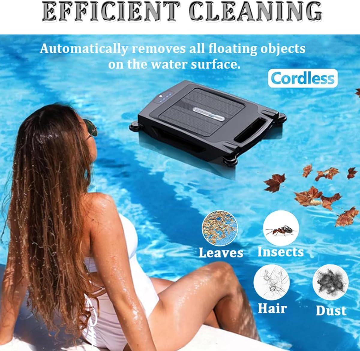 Solar Powered Robotic Pool Sur-face Skimmer Robot with 24/7 Continuous Cleaning, Cordless Robotic Cleaner Smart Obstacle Avoidance, 3.4L Garbage Collection Basket, 2 Speed Modes