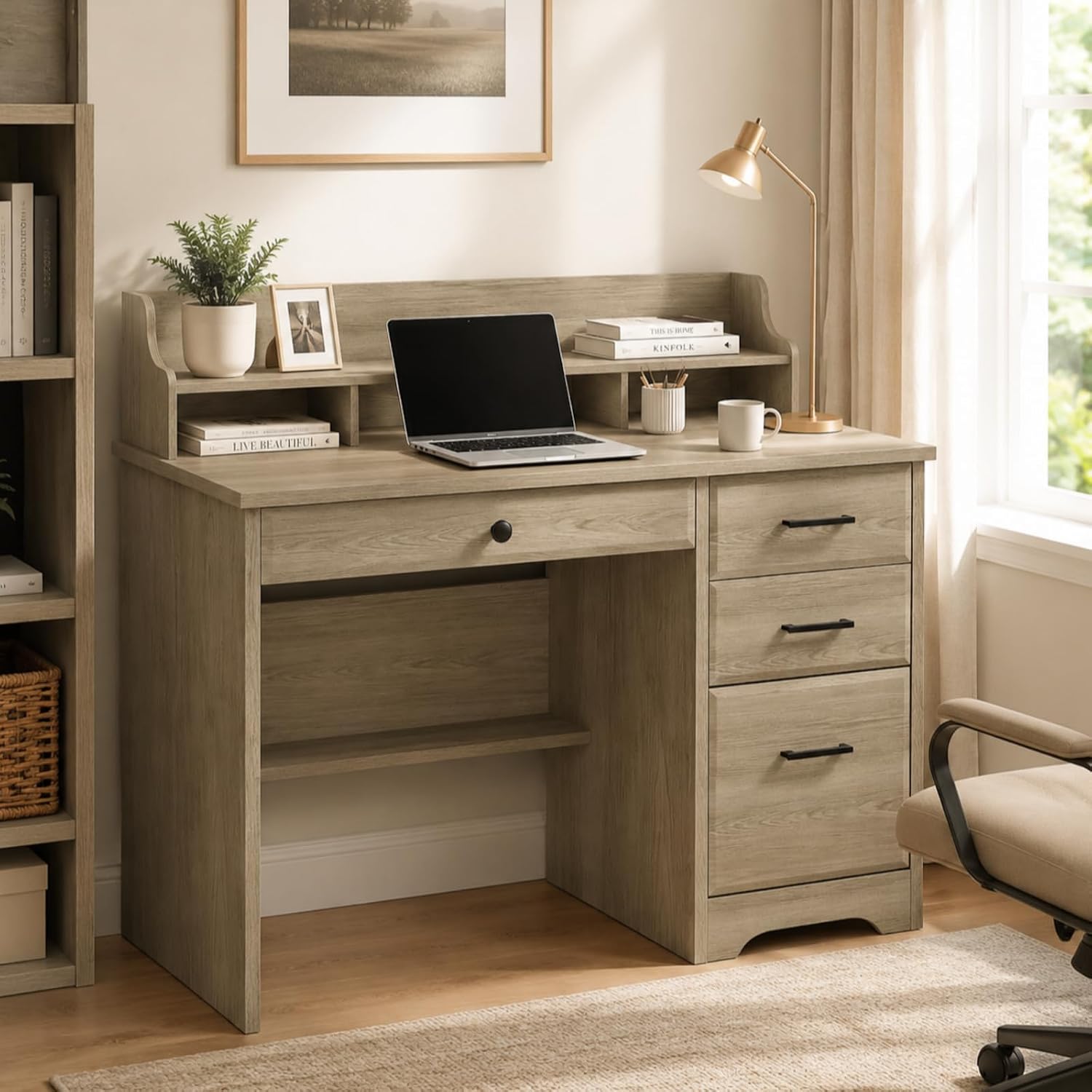 4 EVER WINNER Computer Desk with Drawers, Small Desk with Monitor Stand and File Drawer, Wood Desk with Storage, Writing Desk for Bedroom Home Offic, Grey