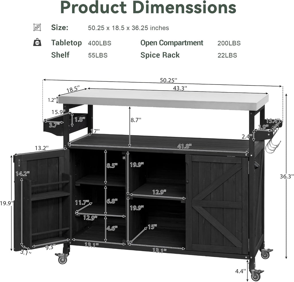 50.25 Outdoor Kitchen Island, Rolling Bar Cart & Storage Cabinet, Farmhouse Solid Wood Outdoor Grill Table with Stainless Steel Top, Spice Rack, Towel Rack for Kitchen & BBQ, Black