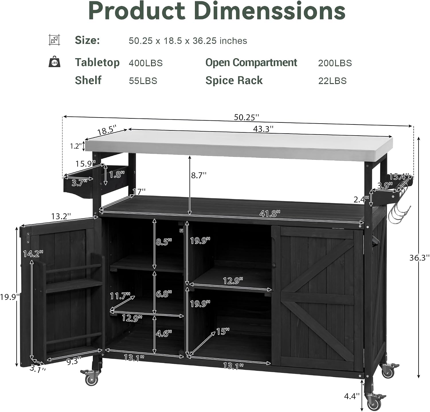 50.25 Outdoor Kitchen Island, Rolling Bar Cart & Storage Cabinet, Farmhouse Solid Wood Outdoor Grill Table with Stainless Steel Top, Spice Rack, Towel Rack for Kitchen & BBQ, Black