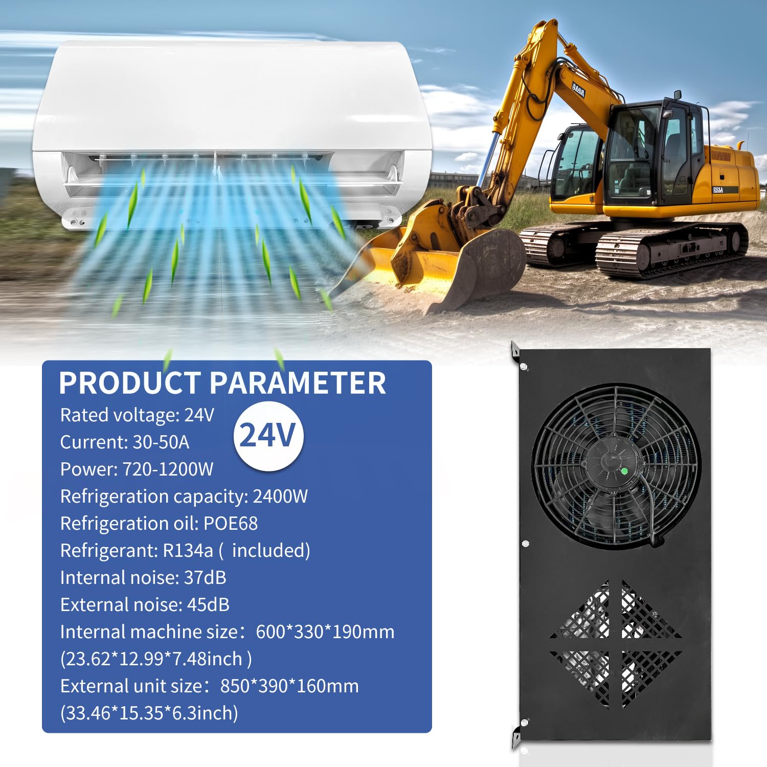 24V Truck Air Conditioner 8500BTU 24 Volt Split dc Air Conditioning Fit for Semi Truck, Wheat Machine, Corn Harvester, Forklift, Hook Machine, Excavator Camper Van Trailers Tractors Low Noise