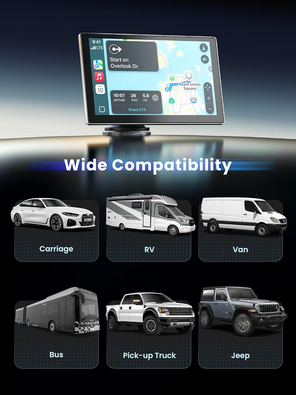 Portable CarPlay Screen for Car, 9'' Wireless Apple CarPlay & Android Auto Screen for Car, 4K Dash Cam, 1080P Backup Camera, GPS Navigation/Bluetooth/FM/Siri Voice Control for All Vehicles