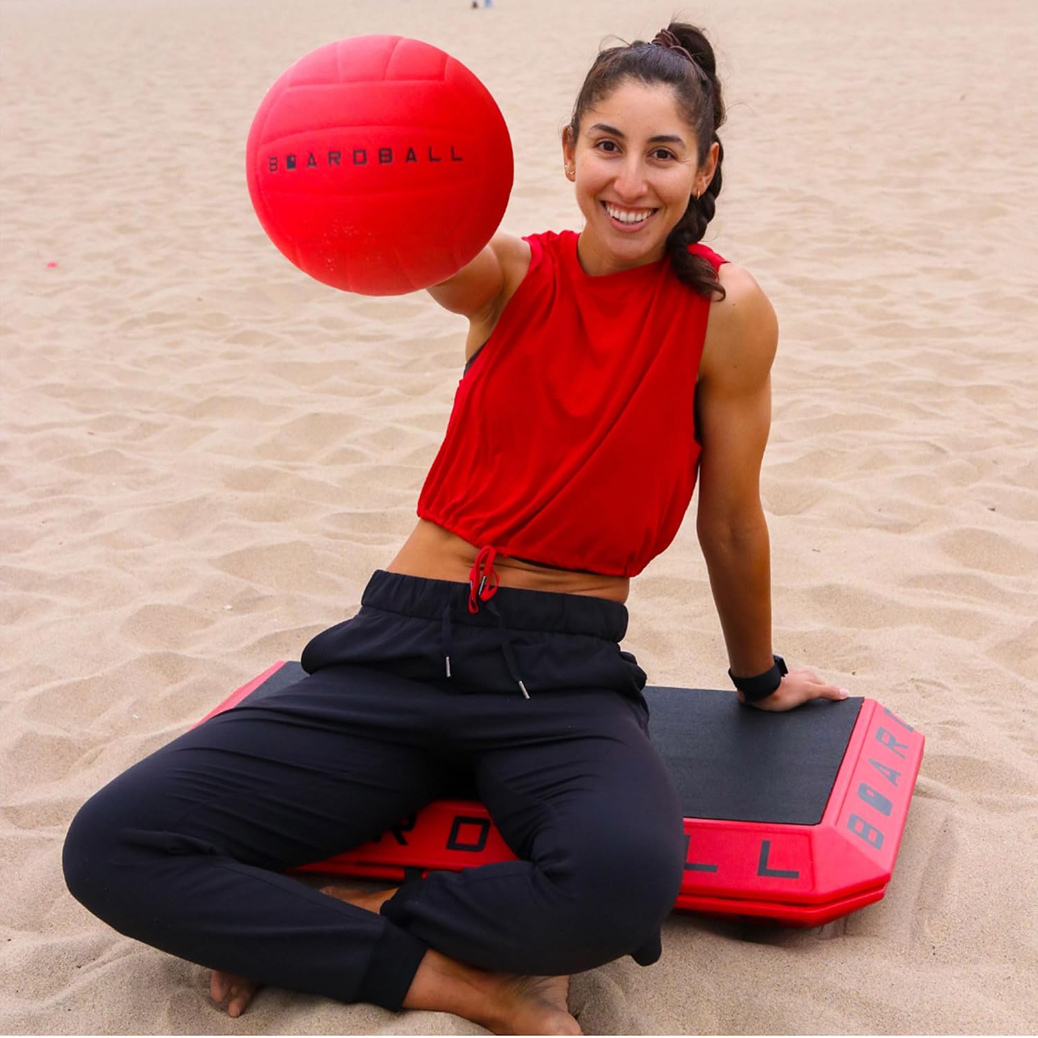 Boardball Sport Portable Volleyball Board Game Set, Indoor & Outdoor Play with Rubber Top Surface Board, Full-Size Ball and Hand Pump, Red/Black