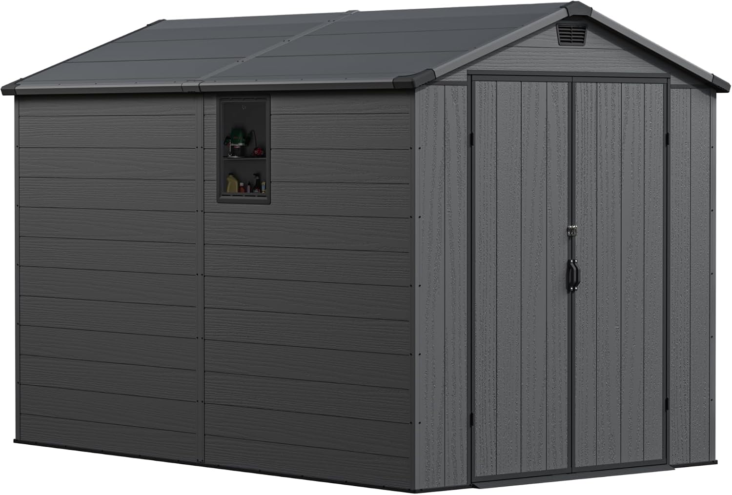 Greesum 6x10FT Plastic Storage Shed with Floor, Resin Outdoor Storaged Sheds with Lockable Double Door, Window and Vents, All-Weather Tool Sheds for Garden, Backyard, Patio, Dark Gray