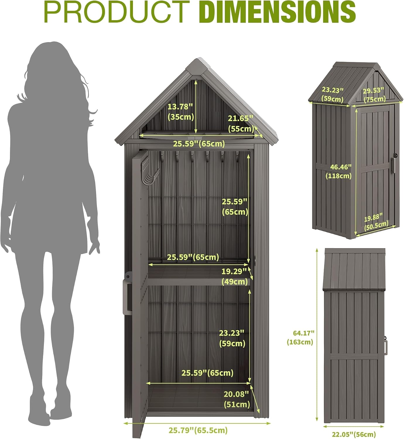Outdoor Storage Shed, Waterproof Storage Cabinet with Sloping Roof and Lockable Door, Resin Shed with Ample Space, Multiple Hooks for Backyard Patio, Garden, Lawn, Classic Grey